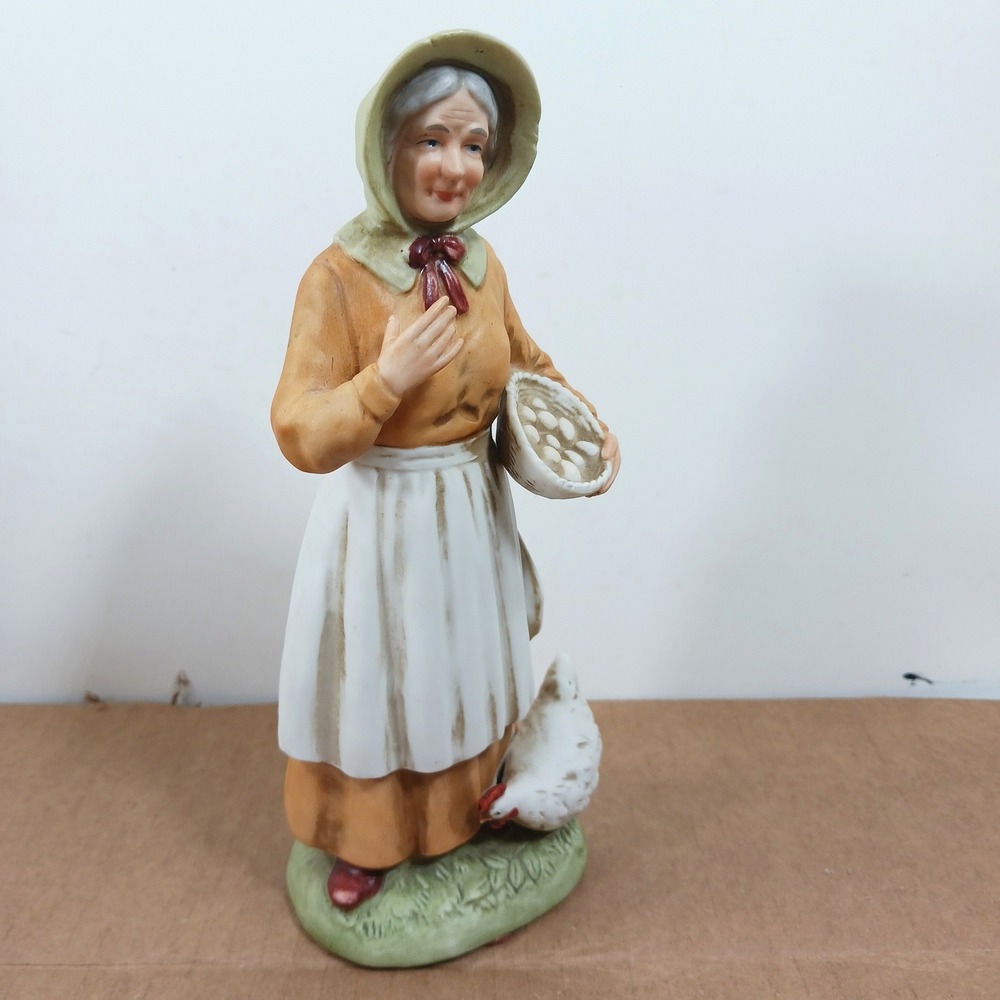 Vintage Arnart Porcelain Figurine Woman with Eggs & Chicken 1426 Farmhouse Decor